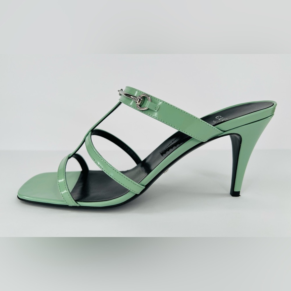 Gucci Pacific Green Glossy Leather Horsebit Heel Mule Sandals Size EU 39.5 - Picture 2 of 11